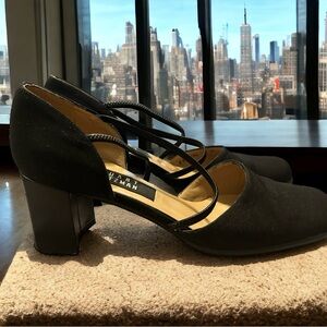 Stuart Weitzman black crepe pumps, criss cross elastic top, 8B